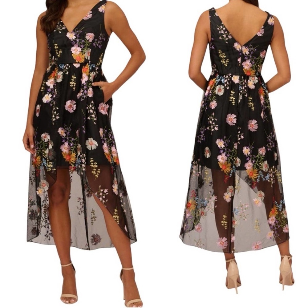 Adrianna Papell High Low Embroidered Floral V-Neck Black Dress Women’s Size 6